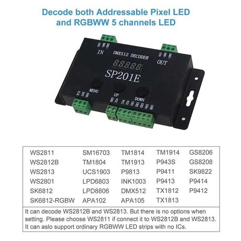 SP201E DMX to SPI Controller Decoder 5 Channel DMX512 RGB WW Decoder LED Controller for DC5-24V Addressable Pixel Light Strip
