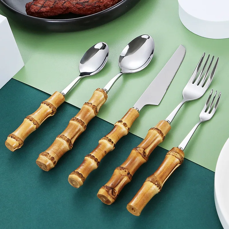 5Pcs/set Bamboo Handle Gold Stainless steel Cutlery Set food Knife Dessert Spoon Fork coffee spoon Dinnerware Set  for hotel