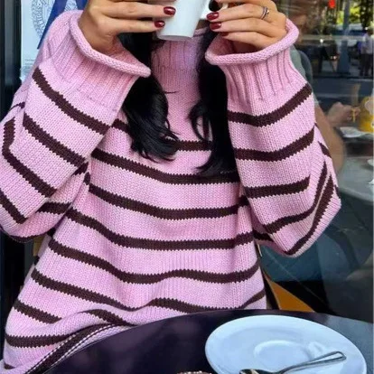 

2025 Fall/Winter Ladies Striped Warm Knitted Pullover Elegant Long Sleeve Loose Pink Sweater