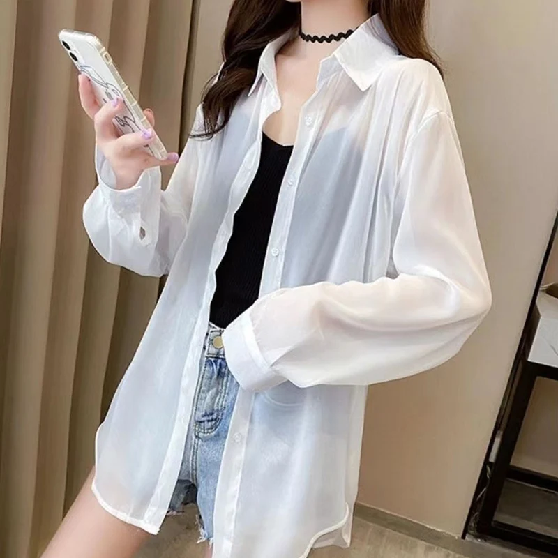 ZOKI Summer Women Thin Shirts Loose Chiffon Long Sleeve Sun Protection Shirt Solid Korean Beach Holiday Ladies Tops