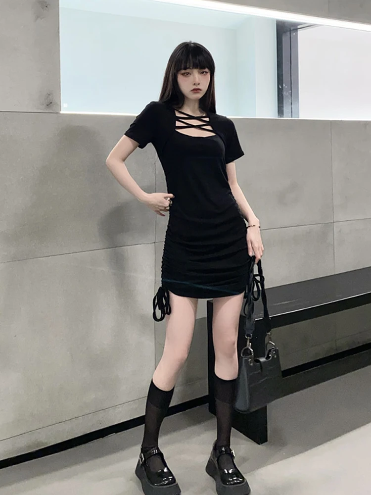 Streetwear Harajuku Diablo Stijl Zwart Mini Jurken Vintage Cross Hollow Out Vierkante Kraag Slim Korte Mouw Gesmokte Jurk