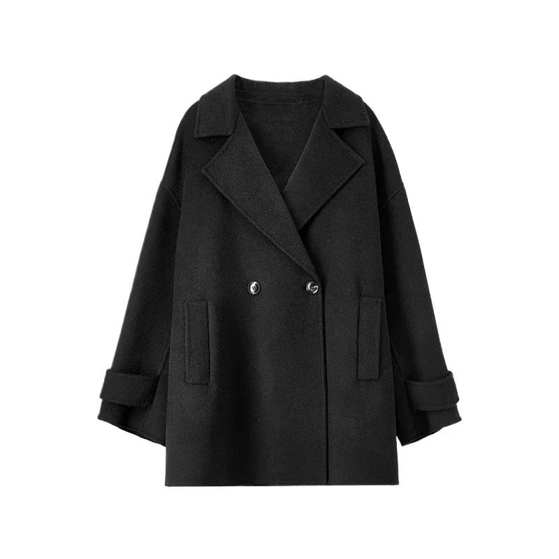 SENTUBILA Black Mid Length Woolen Coat Women 2024 Winter 100% Wool Loose Double Sided Notched Collar Autumn Coat Lady W44O58511X