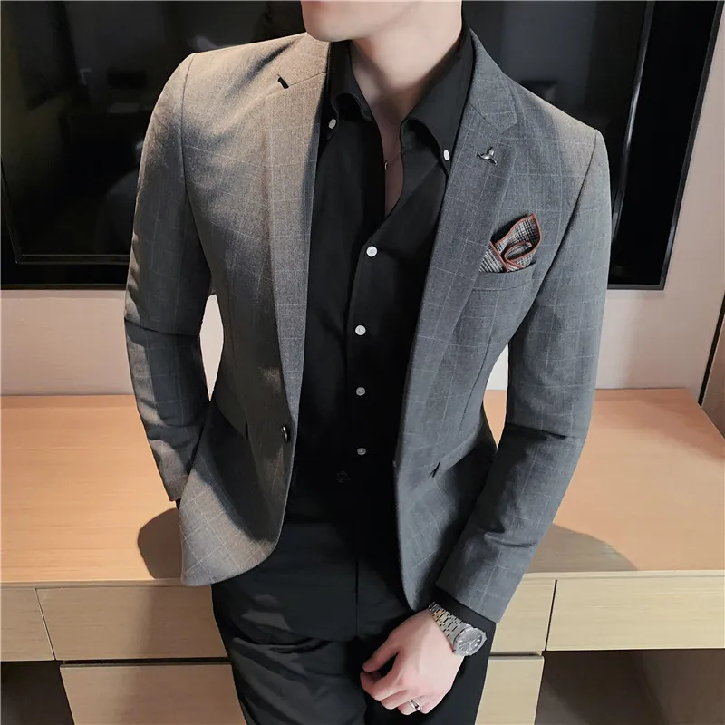 

Men's single button plaid ready-made jacket suit10