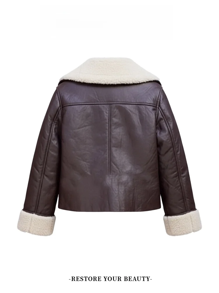 Vintage Fce Lined Leather Jaet Women's Loose Versatile Sli Agel Winter Coat Casual Ele Faionable Top