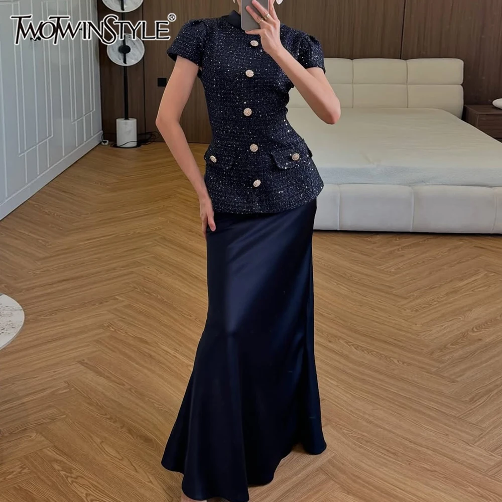 

TWOTWINSTYLE Утягивающие комплекты из двух предметов для женщин, однобортный топ с воротником-стойкой и короткими рукавами, женский комплект с юбкой с высокой талией