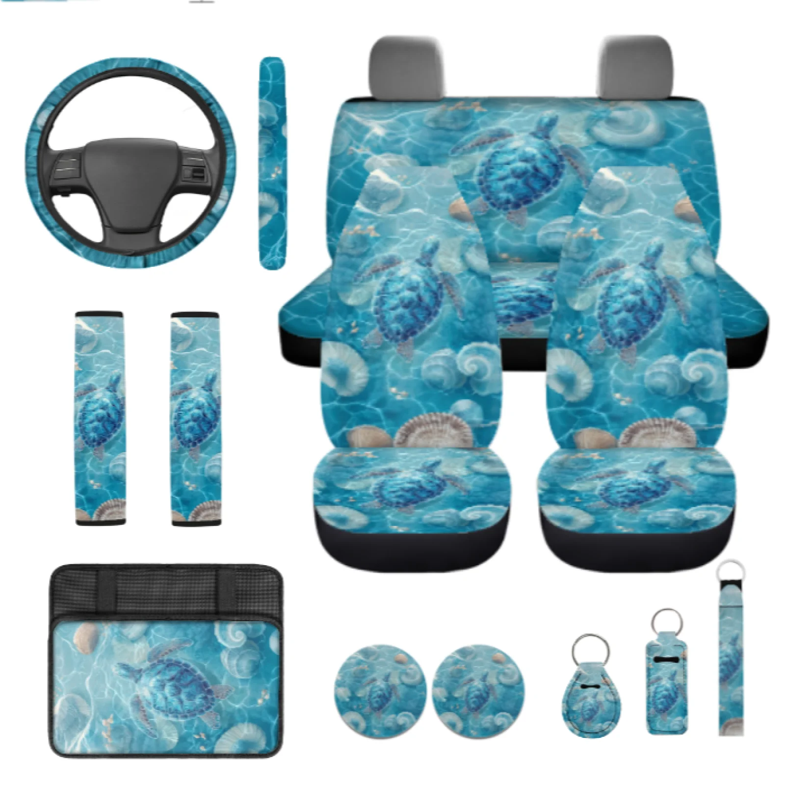 Coloranimal Turtle Set of 13 Auto Accessory with Breathable Steering Wheel Cover and Key Ring for Auto Interior