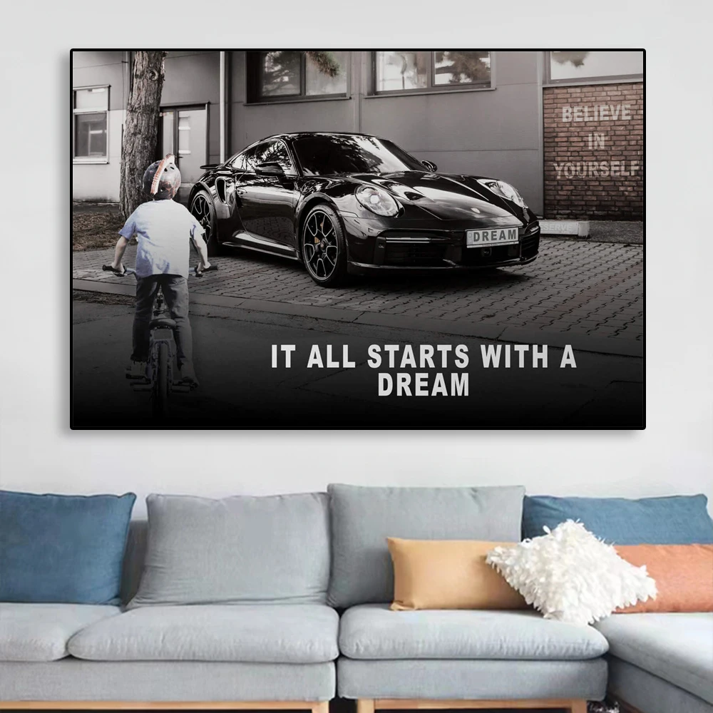 

Motivational Quote Poster It All Starts With A Dream Wall Art Prints Sport Car Inspirational Entrepreneur Canvas Painting Decor