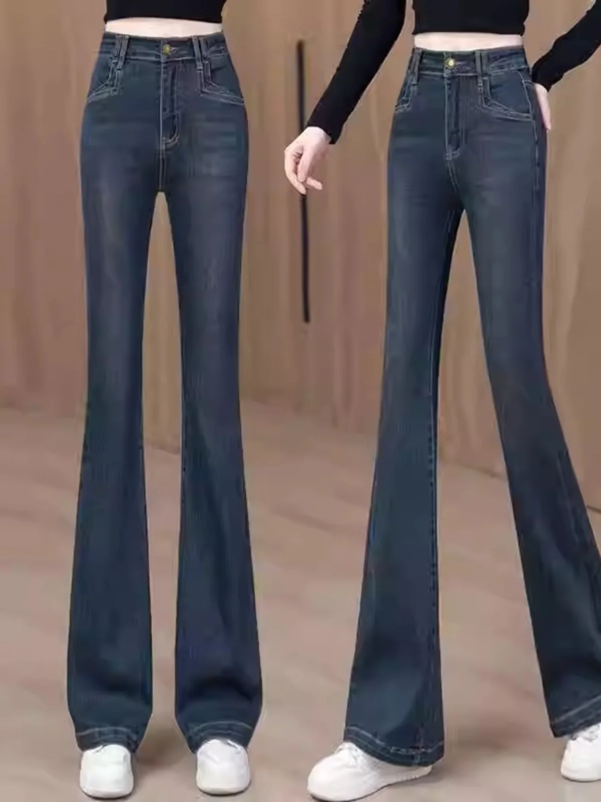 

High Waist Slim Fit Denim Jeans Fashionable Versatile Micro Flared Pants for Women Autumn Spring Seasonal Deep Blue Nine Points