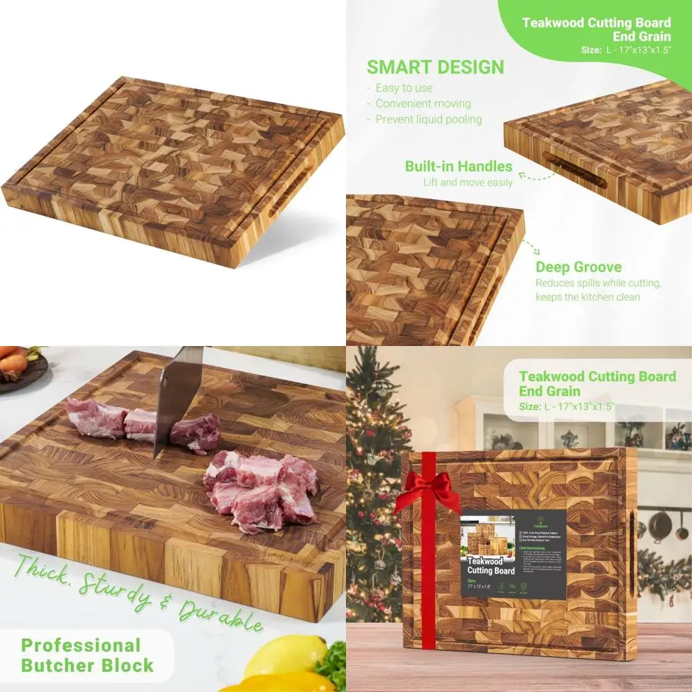 

Разделочная доска из тикового дерева с крупным концом — двусторонняя, глубокая канавка для сока, приятный для ножей, экологически чистый кухонный блок для мясника