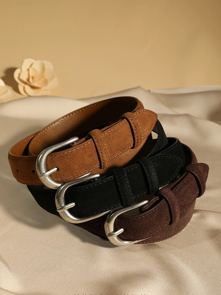 Women Vintage Vintage Snowflake Suede Leather Belt Gold/Silver-Tone Buckle Genuine Cowhide Waist Belt for Jeans and Dresses