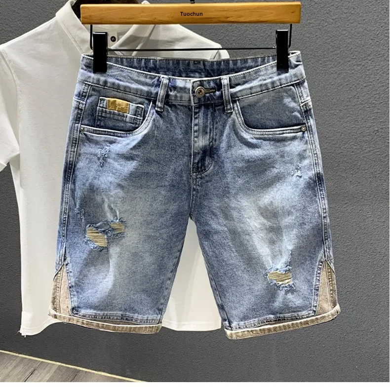 

Trendy High-end Denim Shorts Men's Mid-waist Five-piece Jeans 2025 Summer Thin Luxury Style Spliced Fashionable Male Bottoms