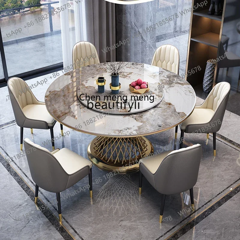 178Light luxury marble dining table and chair combination household rock slab round table with turntable round dining table2936