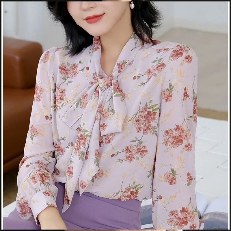 Autumn Elegant Fashion Chic Office Lady Shirt Women Long Lantern Sleeve V Neck Bow Natural Scenery Print Contrasting Color Top