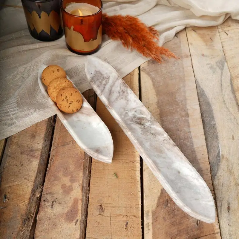 

Sleek White Marble Tray Handmade Platter Decorative Serving Dish Ideal for Home and Kitchen Use