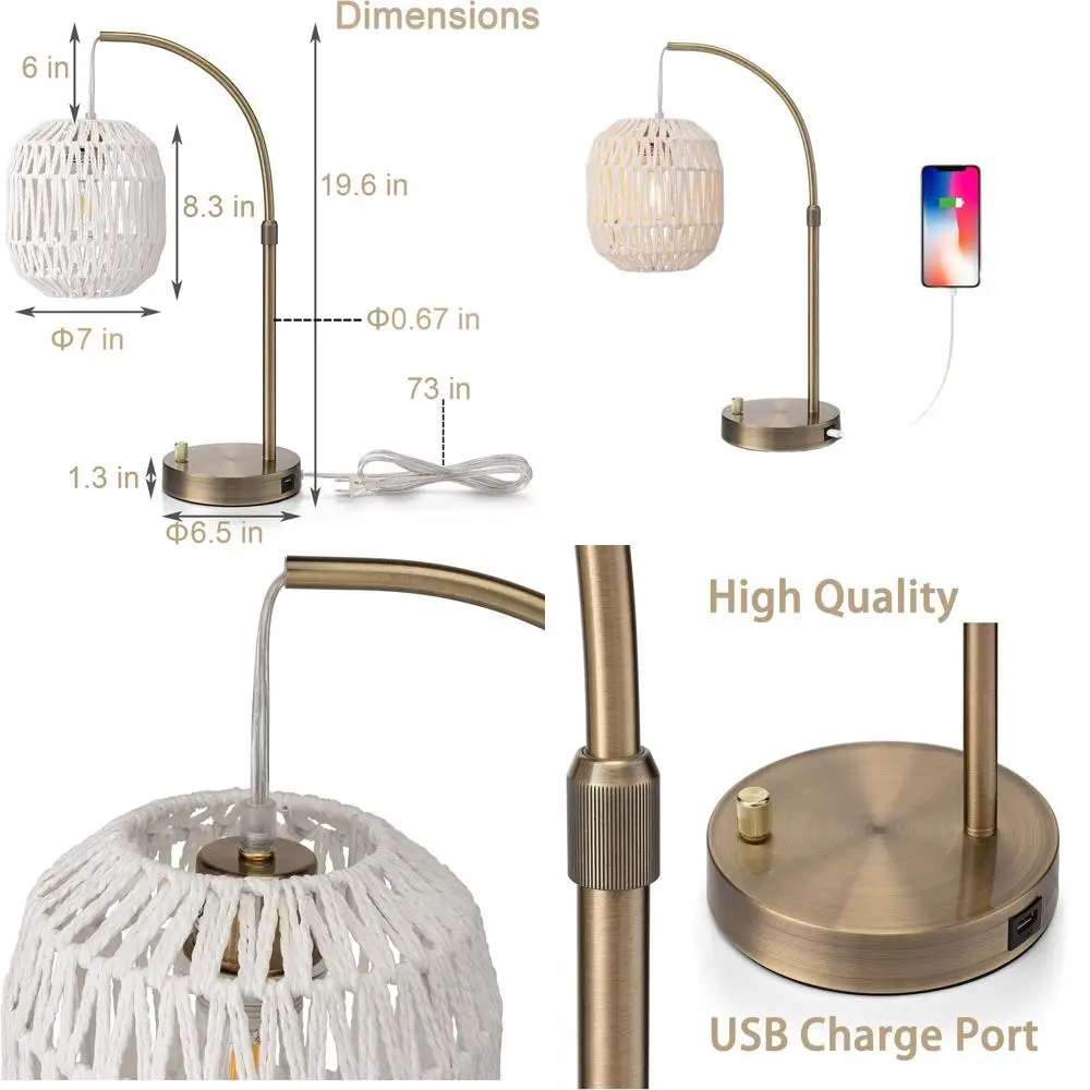 

Gold Rattan Table Lamp with USB Port for Bedroom, Boho Style Nightstand Light for Home Office and Living Room, Gold & White Deco