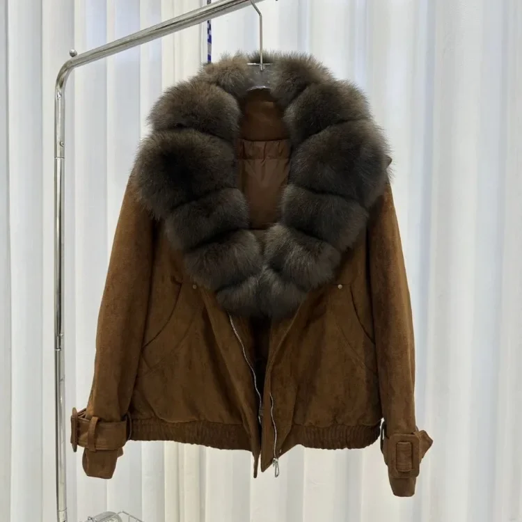 OFTBUY Big Real Fox Fur Collar Duck Down Coat Women Short Suede Pilot Jacket New Vintage Zipper Women's Winter Down Jacket