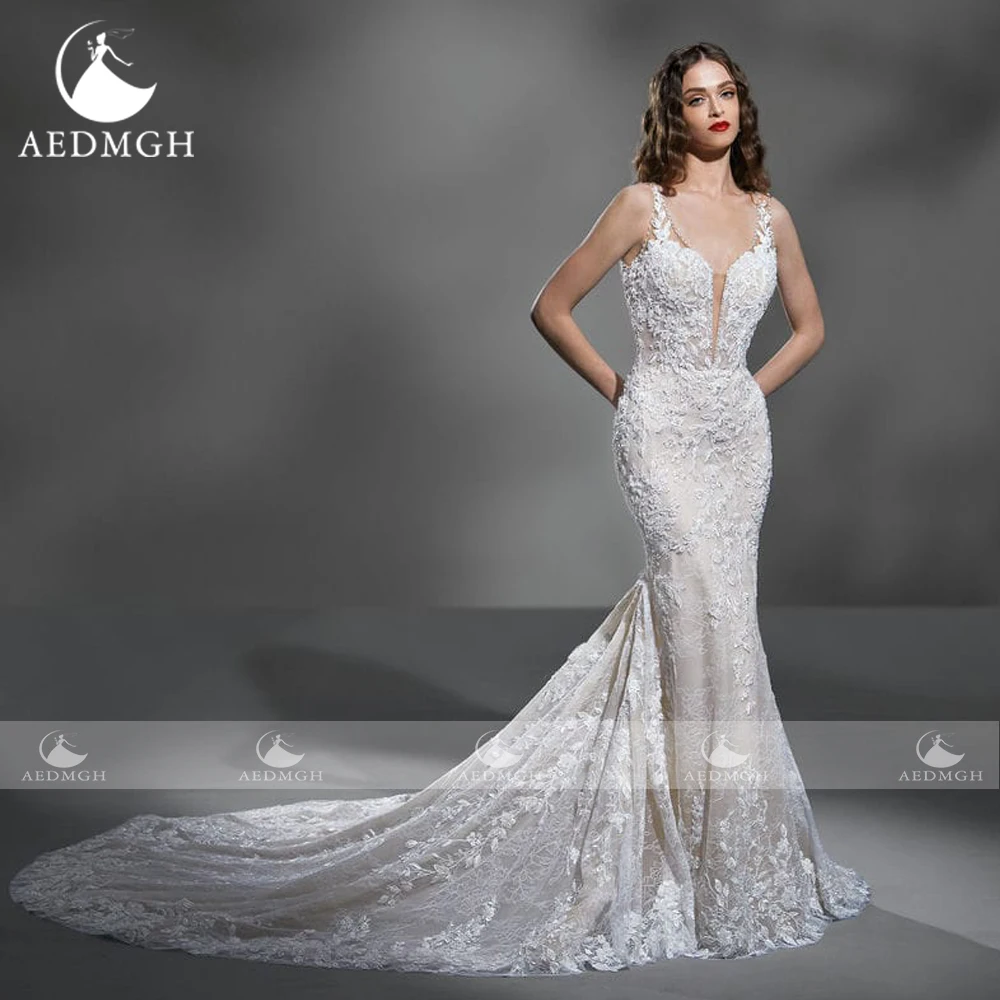 Aedmgh حورية البحر فساتين زفاف مثيرة صدفي بلا أكمام فيستدو دي نوفيا الدانتيل والتطريز خمر مخصص زي العرائس