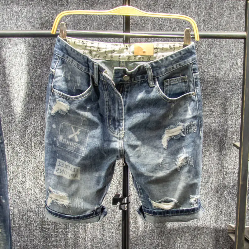 Trendy Brand Beggar Denim Boys Summer Thin Ripped Patch Printed Medium Pants Korean Outerwear Cowboy Shorts Man Short Half Pants