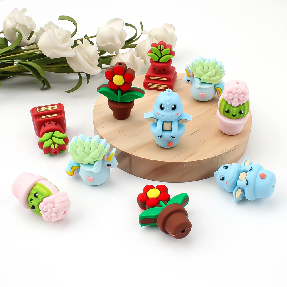 5pcs Silicone Bead 3D Cartoon Succulen Flower Pot Focal Loose Beads DIY Necklace Bracelet Craft Decoration Supplies