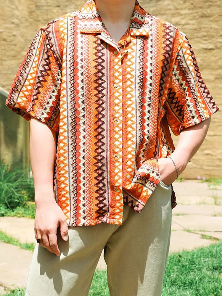 

Summer Men's Embroidered Cuban Collar Loose ort Sve Casual irt Vintage Ethnic Weave Sle Polyester Fiber Youth Trend