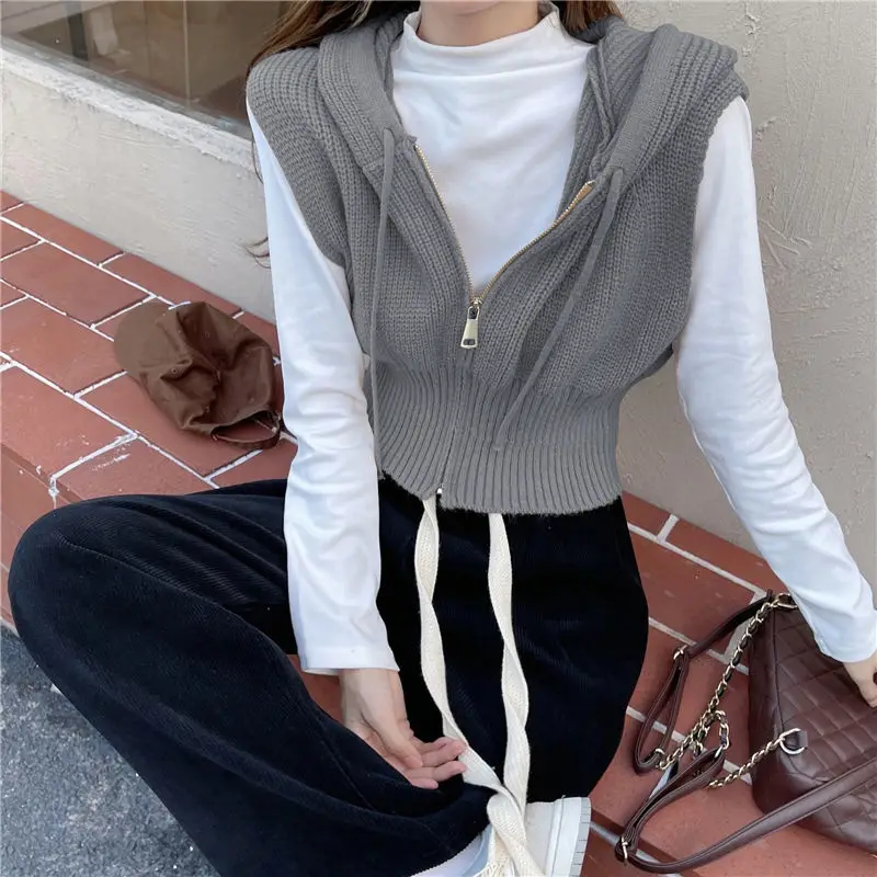 Hooded Sweater Vests Women Slim Short Solid All-match Chic Outerwear Age-reducing Autumn Winter Tops Highstreet Female Popular