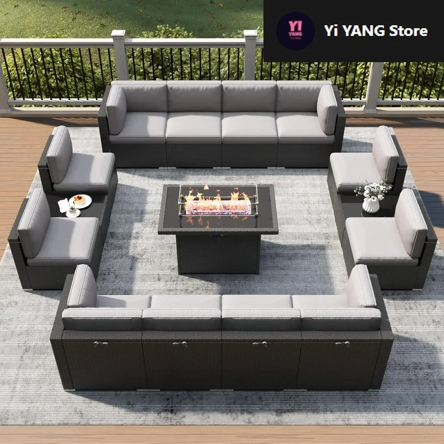 

15 Piece Patio Furniture Set with Fire Pit Table, Outdoor Conversation Sets Wicker Rattan Sectional Sofa with Coffee Table