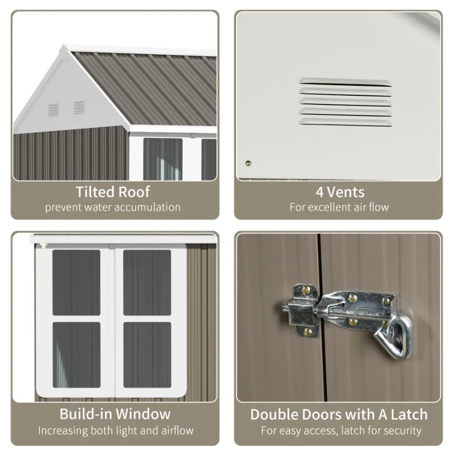 سقيفة تخزين معدنية للحديقة مقاس 8 × 6 بوصات، منزل تخزين الأدوات الخارجية مع نافذة باب مزدوجة قابلة للقفل وفتحات تهوية باللون الرمادي #5