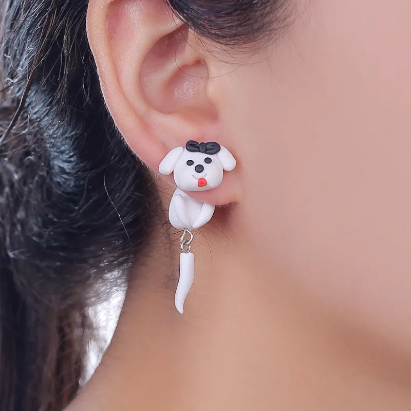 Handmade Christmas White Dog Polymer Clay Stud Earrings For Women Cute 3D Animal Red Hat Puppy Front Back Ear Jackets