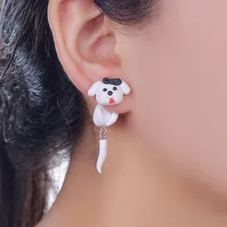 Handmade Christmas White Dog Polymer Clay Stud Earrings For Women Cute 3D Animal Red Hat Puppy Front Back Ear Jackets