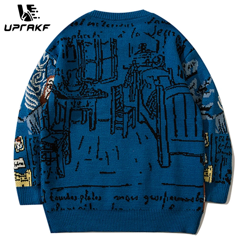 UPRAKF Graffiti Van Gogh Print Sweater Loose All-Match Pullover Winter Tops Lapel Knit Autumn Fashion