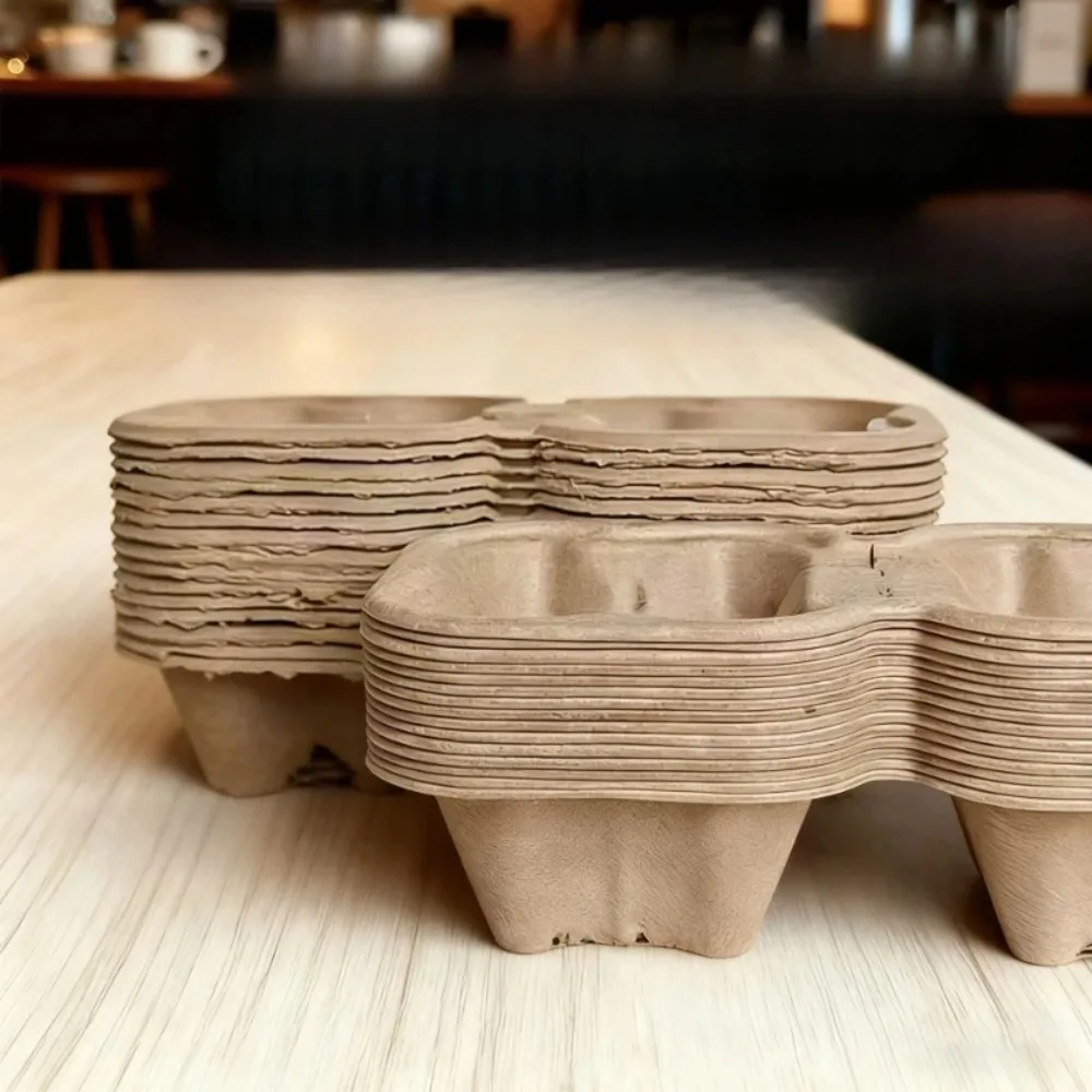 30/60/100PCS Molded Pulp 2-Cup Drink Carrier Tray, Tear-Apart Paper Cup Holder for Coffee Tea Takeaway Delivery