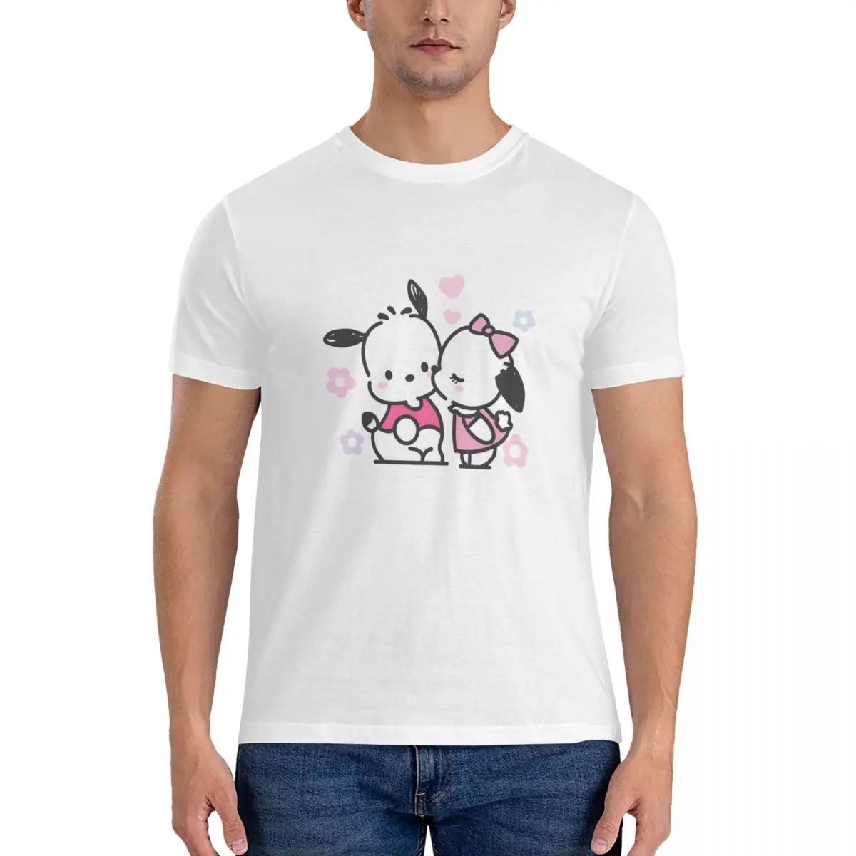 Men Sanrio Cartoon Character T Shirts Pochacco 100% Cotton Tops Fashion Short Sleeve Round Neck Tees Graphic T-Shirt