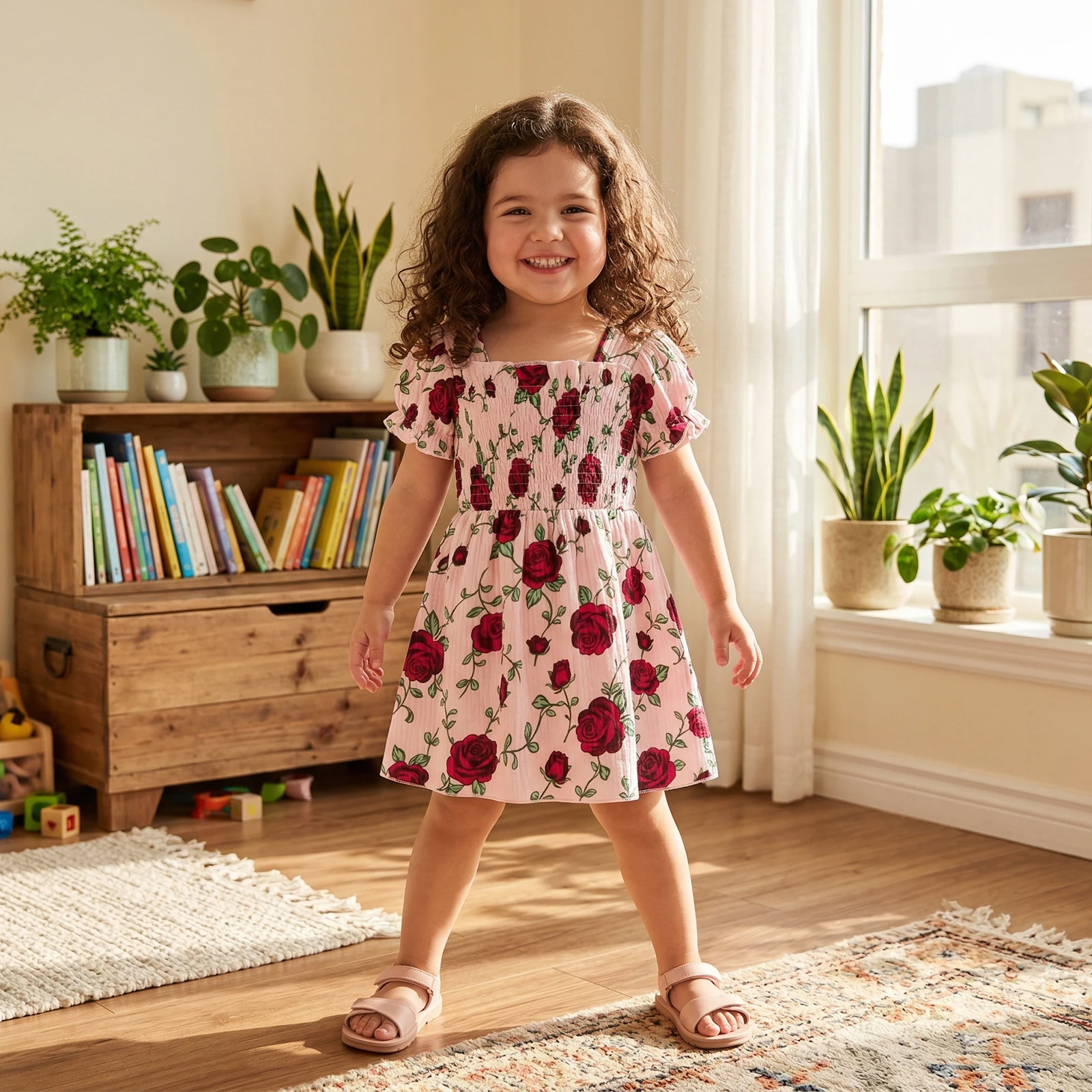 1-5Y Kids Girls Floral Princess Dress Sweet Short Sleeve Square Neck Pleated A-line Party Dress Summer Kids Girls Clothes