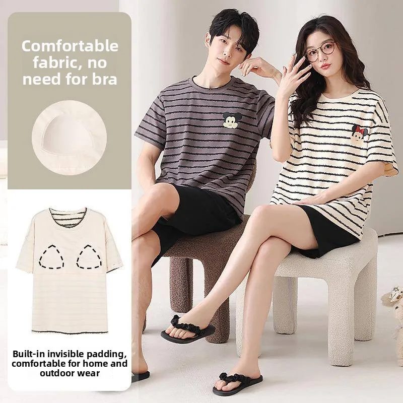 Couples Summer Cotton Pajamas Women's Sleeveless Thin Cartoon Home Clothes Set Men's Short Pants round Neck Pullover Sleepwear