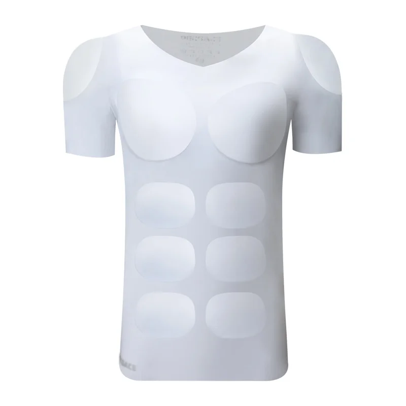 Homem invisível falso peito de engorda fina elástica destacável músculos abdominais gelo seda shaper secagem rápida de fundo camiseta