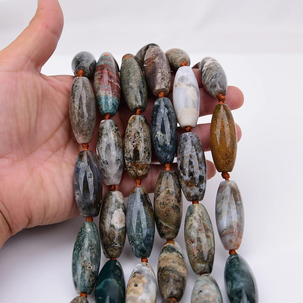 APDGG Large 16x40mm Natural Mix Green Ocean Jasper Stone Smooth Barrel Shaped Loose Pendant Beads 15.5'' Strand Jewelry DIY
