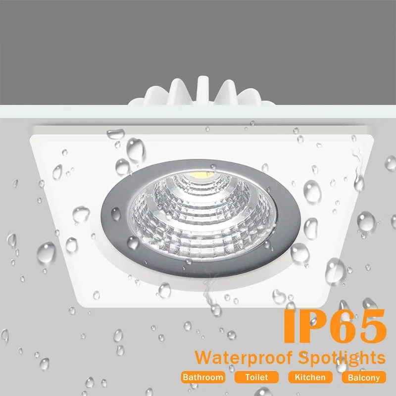 IP65 Waterproof LED Downlight Recessed Lights Square Ceiling Lamp COB 5W 7W 12W 15W 110V/220V For Bathroom Lighting Spot Fixture