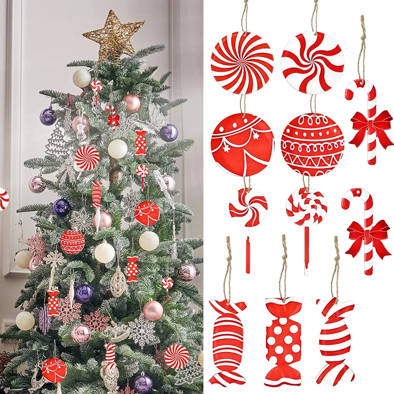 

Christmas Red Candy Pendant Wooden Gift Decor Lollipop Ball DIY Xmas Tree Fireplace Window Hanging Ornaments New Year Home Decor