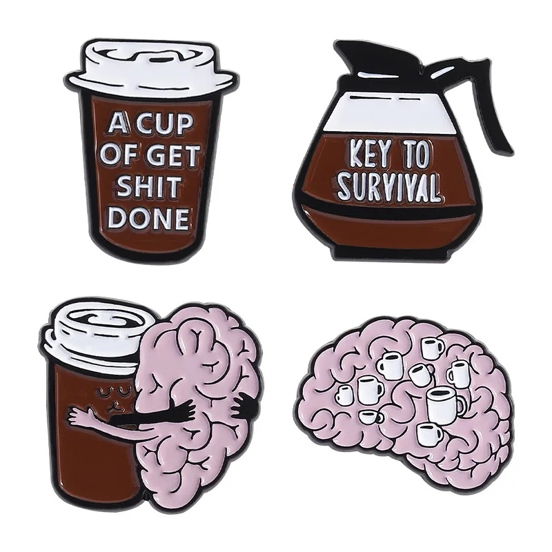 Pin Creative Personalized Coffee Cup Brain Heart Shape Cartoon Metal Badge Decoration Medal Clothing Accessories Lapel Pins