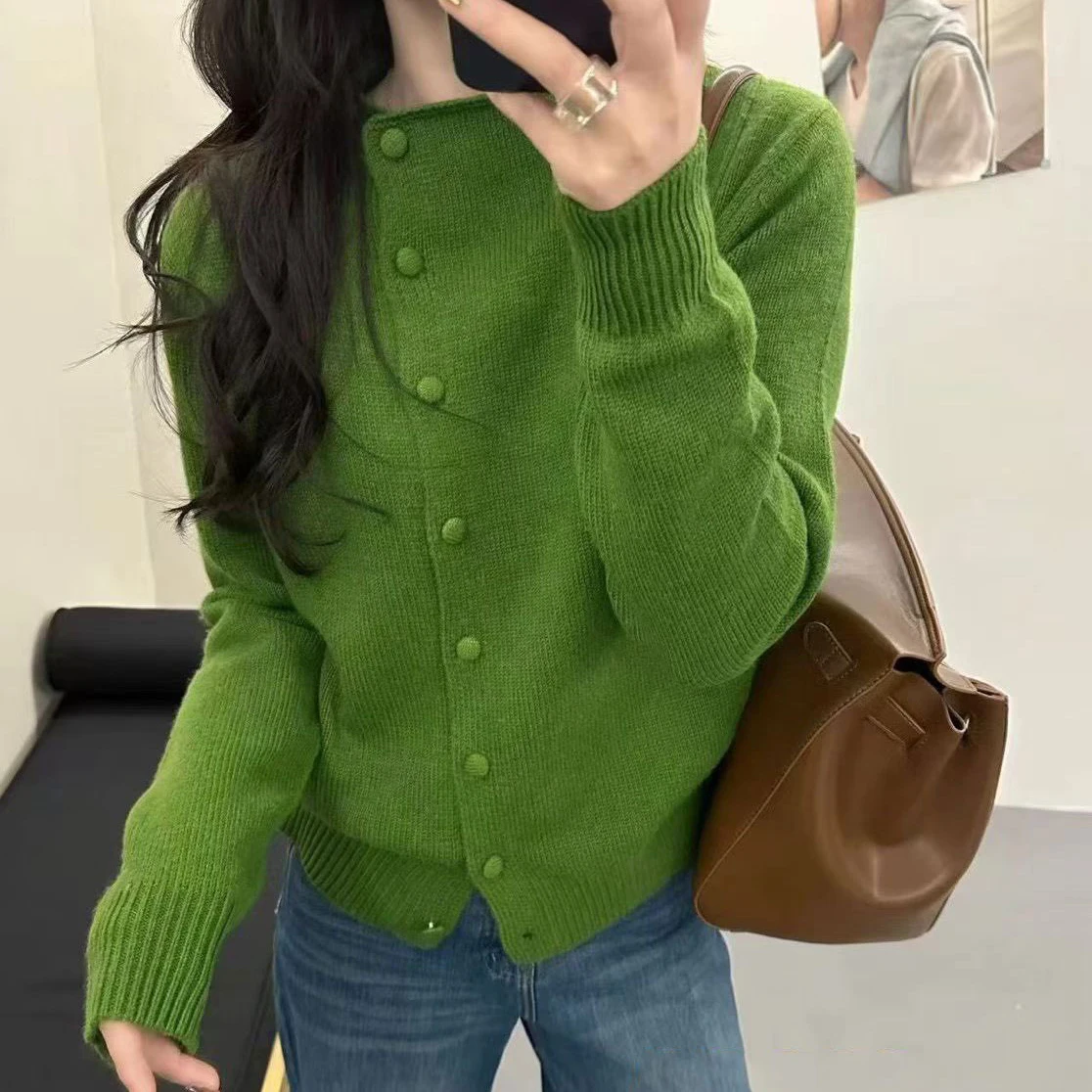 

Green Half High Neck Sweater Autumn Winter New Trendy Single Button Knitting for Women Solid Color Long Sleeve Cardigan Top