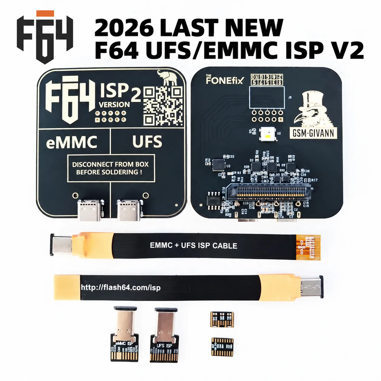 Flash64 UFS eMMC ISP V2 Adapter Kit for Ultra F64 Box with Flex Cables and Connectors for Electronics Repair and Maintenance