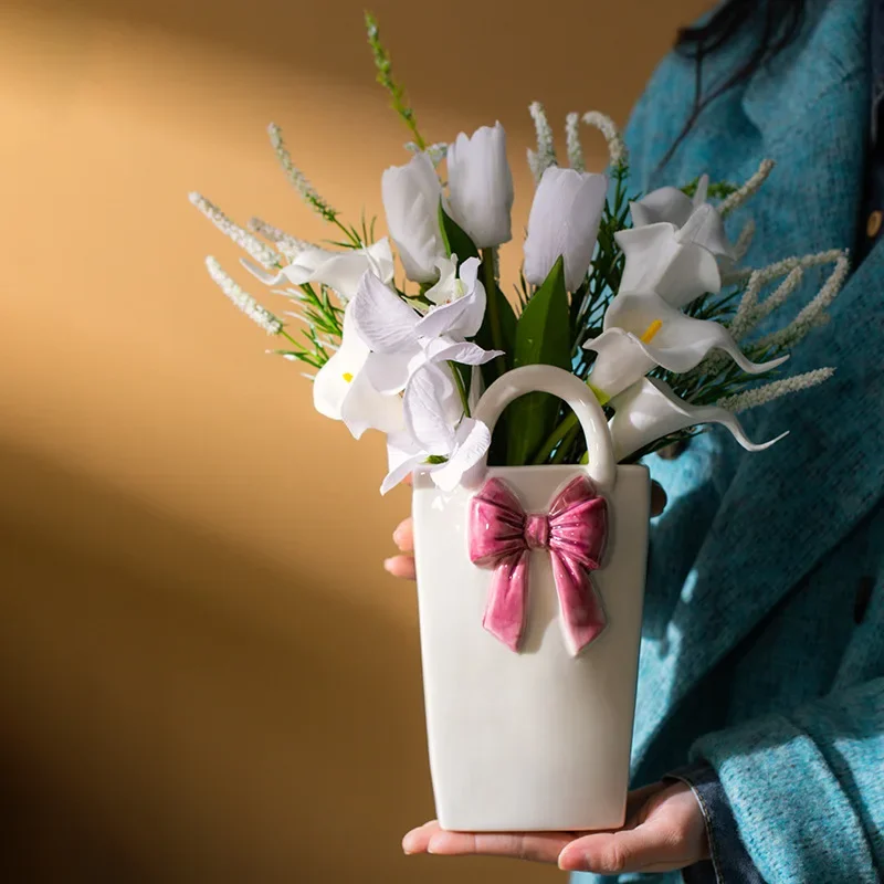 CAPIRON Pink Ins Ceramic Vase Bowknot for Fresh Flower Pampas Grass Home Centerpiece Ornaments Room Decor Book Shelf Decoration