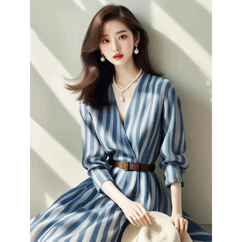 Nueva ropa de mujer estilo nicho sin colisión súper hermoso cuello en V cintura ceñida vestido camisero a rayas azules