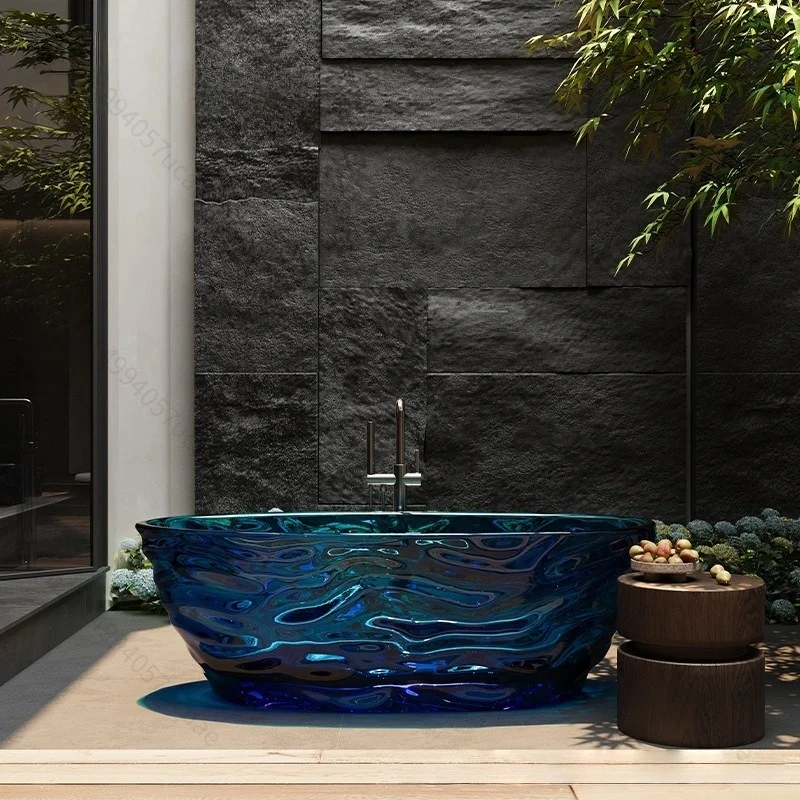Modern Design Crystal Resin Freestanding Oval Shape Transparent Deep Soaking Wavy-Patterned Bathtub