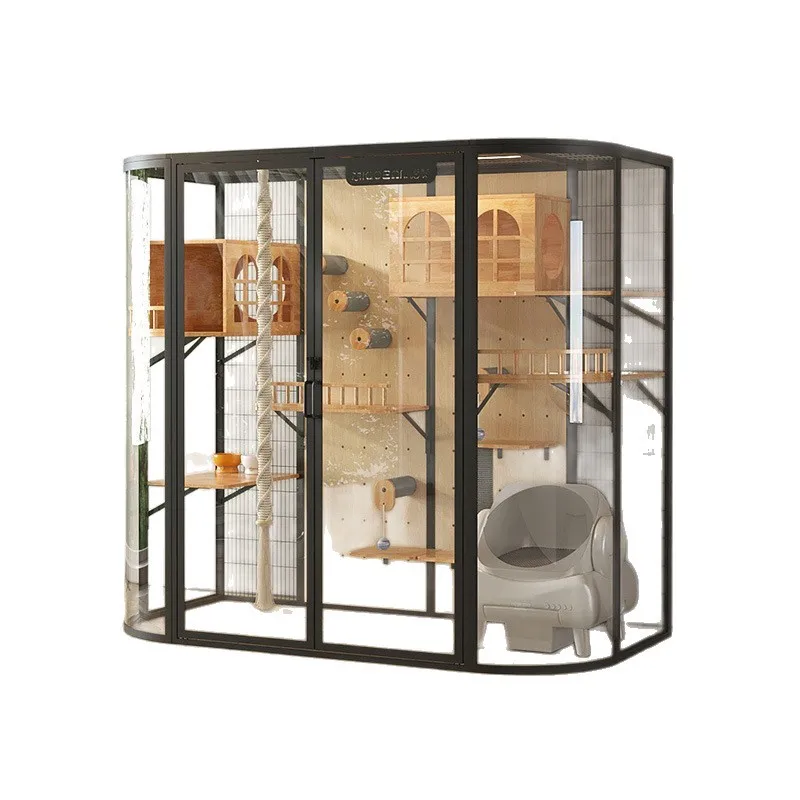 

Многофункциональная большая клетка-вилла для кошек с панорамным остеклением, из массива дерева, домик для питомца, панорамная стеклянная клетка для кошек