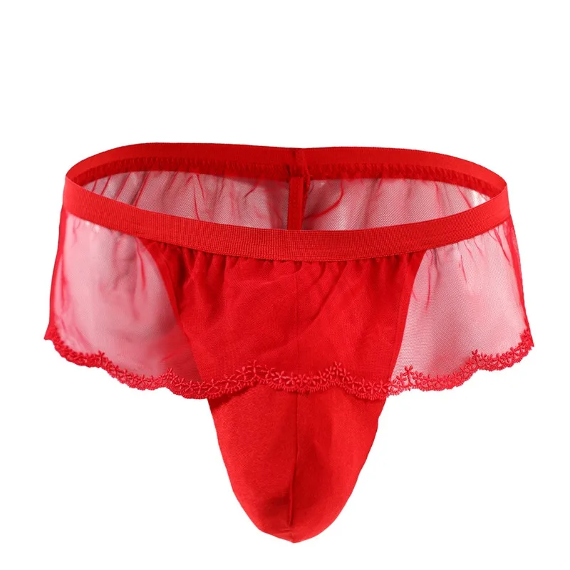 

Мужская юбка-сисси, кружевные стринги с оборками и юбкой, трусики-мешочки, нижнее белье для трансвеститов, трусы с низкой талией, бикини, короткое нижнее белье