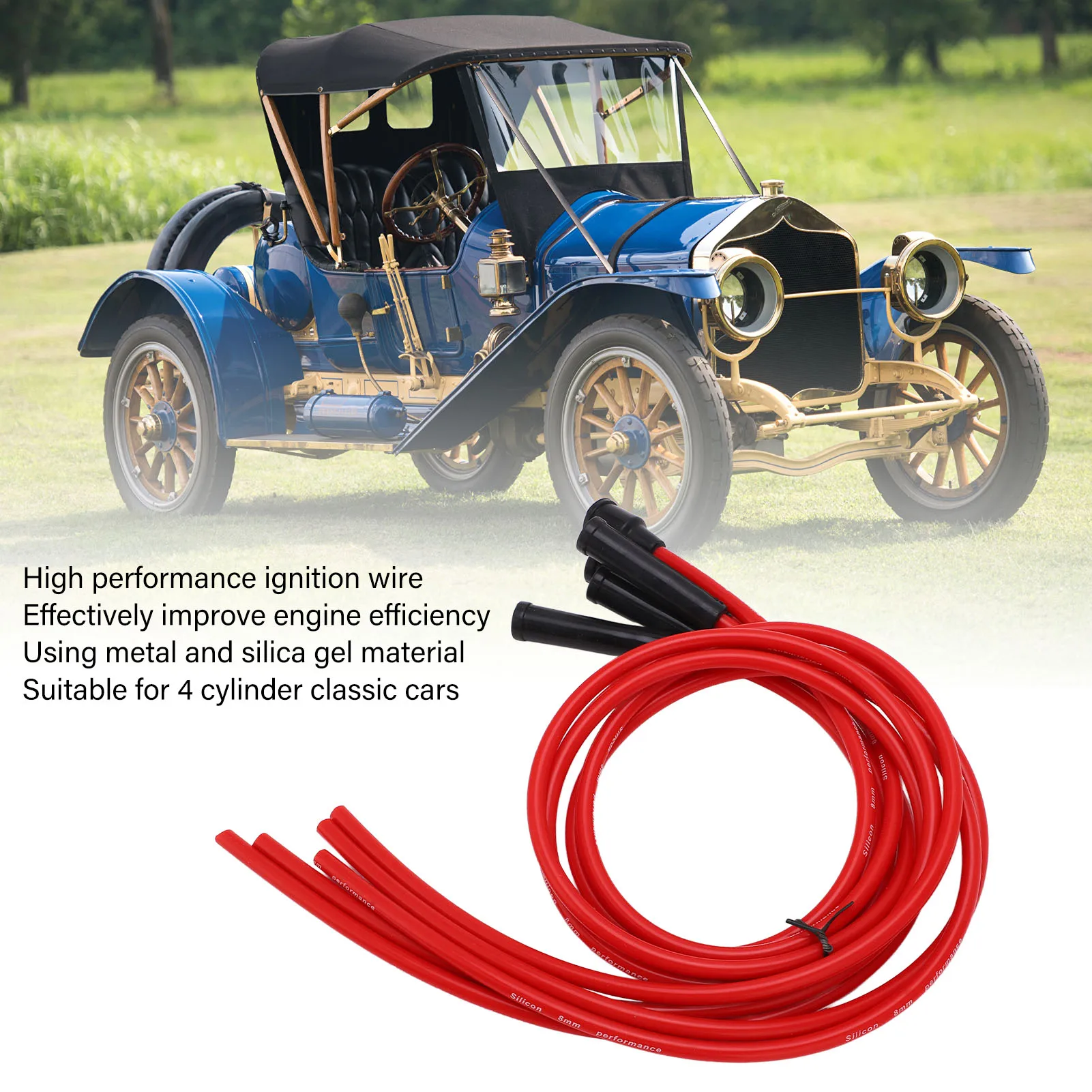 Juego de cables de encendido de bujía, cable de encendido de coche de silicona rojo de alto rendimiento de 1m para automóvil de 4 cilindros de 8mm