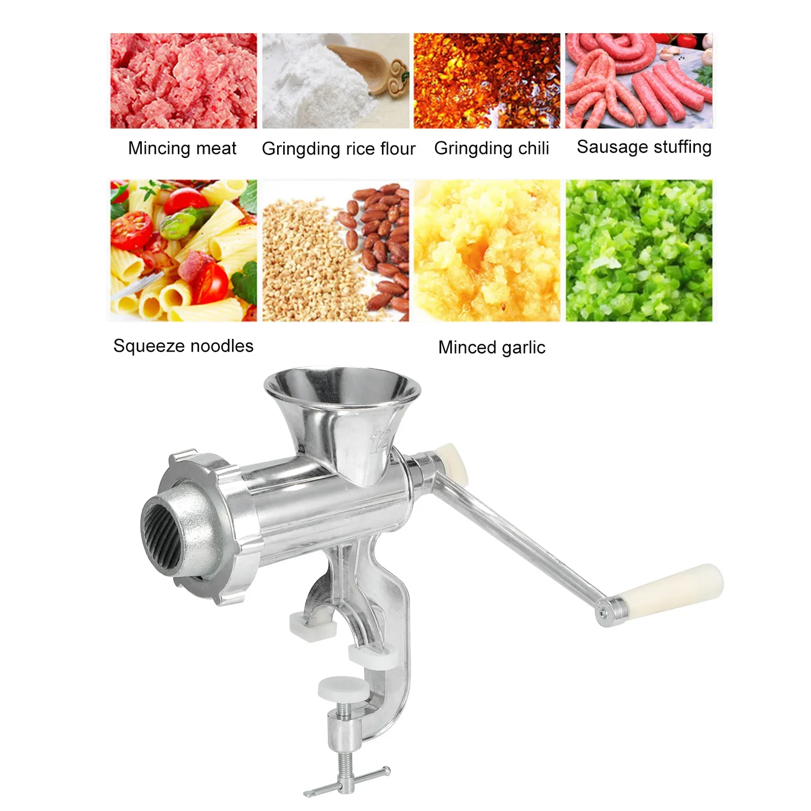 Silver Aluminum Alloy Manual Meat Grinder,Powerful Home Sausage Kitchen Appliances,Vegetable Chopper,Pepper Supplies,Mincer, 1Pc