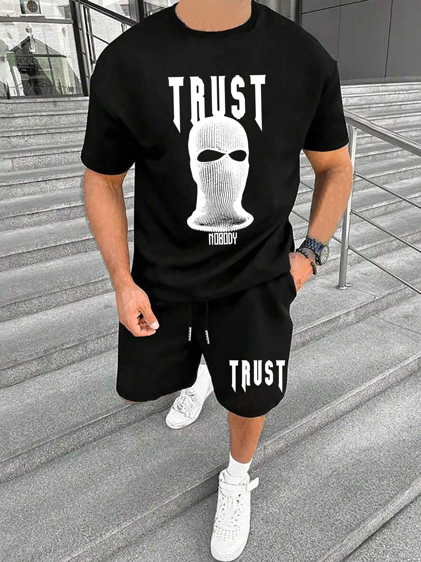 

Men's Summer Set Hip Hop Street Dance Cool Head Wrap Man Letter Print Breathable T-Shirt Drawstring Shorts Two Piece Outfit