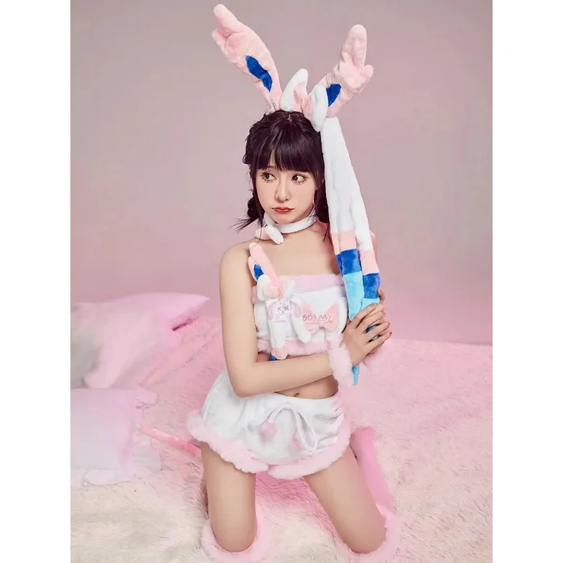 Anime Sylveon Cosplay Costume For Women Kawaii Flannel Split Pajamas Tail Socks Suit Bunny Girl Cute Plush Uniform Sexy lingerie
